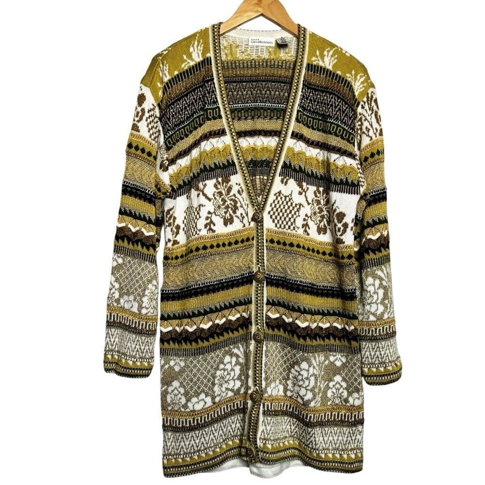 Vintage Dana Buchman Gold Brown Patterned Vneck Cardigan Medium